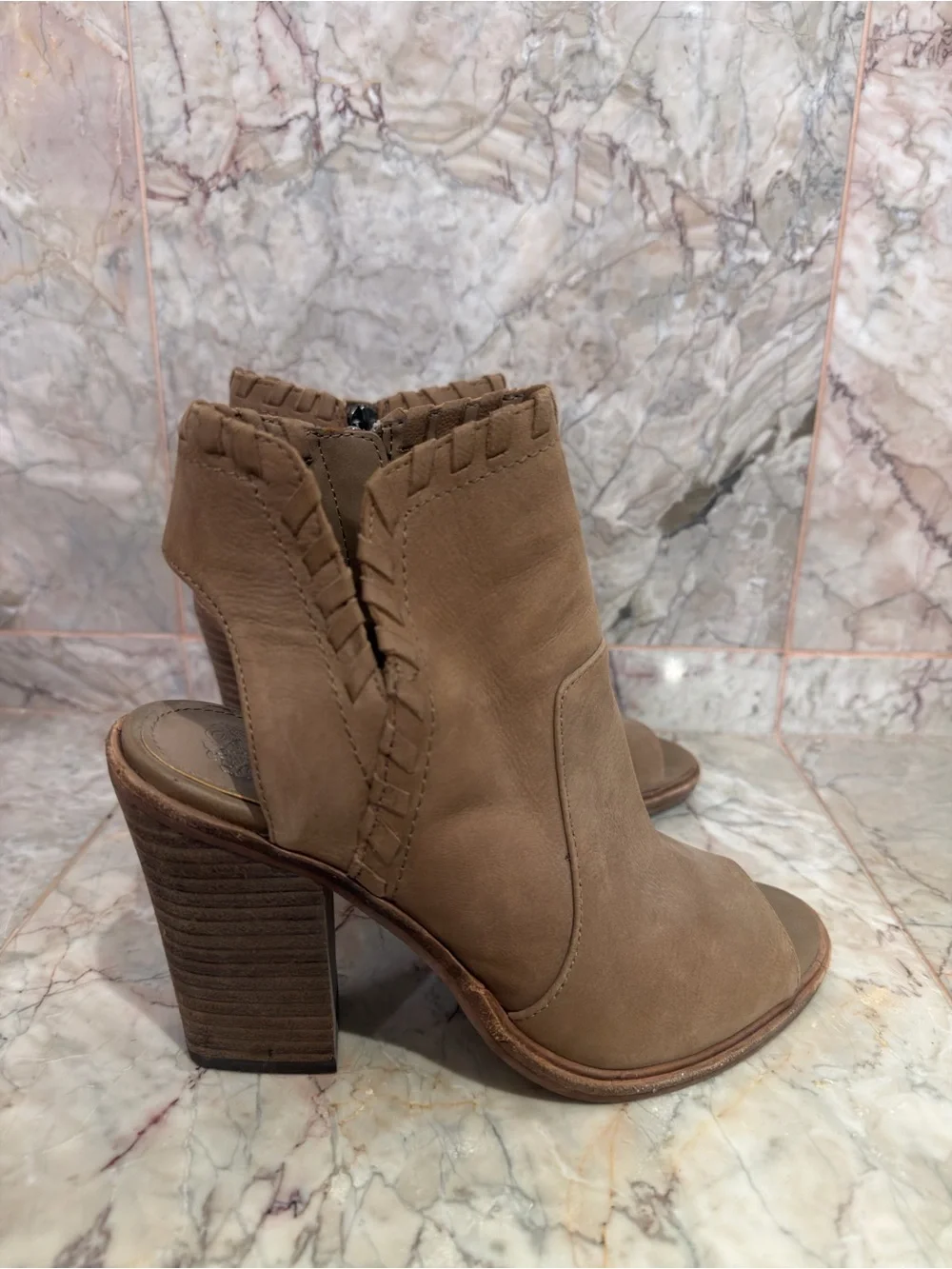 Vince Camuto Peep Toe Ankle Booties Tan Woven Block Heel